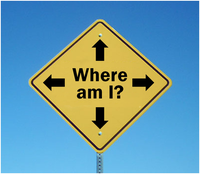 Verkeersbord met pijlen in de vier windrichtingen en de tekst 'Where am I?'