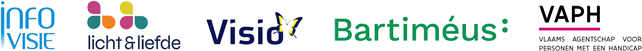 Logo's van redactiepartners Infovisie, Licht en Liefde, Visio, Bartimus en het Vlaams Agentschap voor Personen met een Handicap
